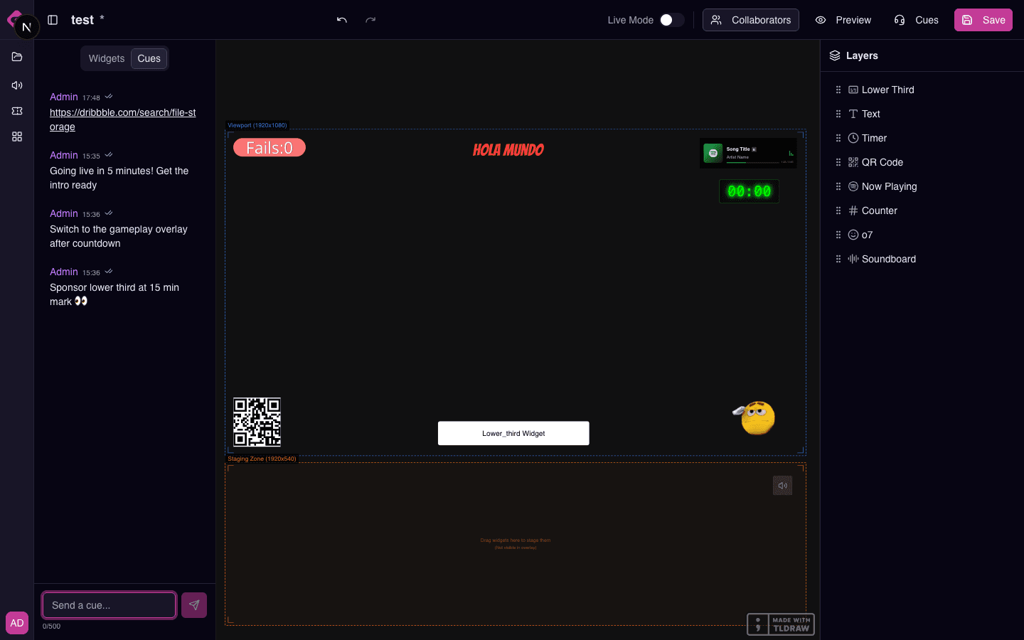 Producer cues panel with live production messages